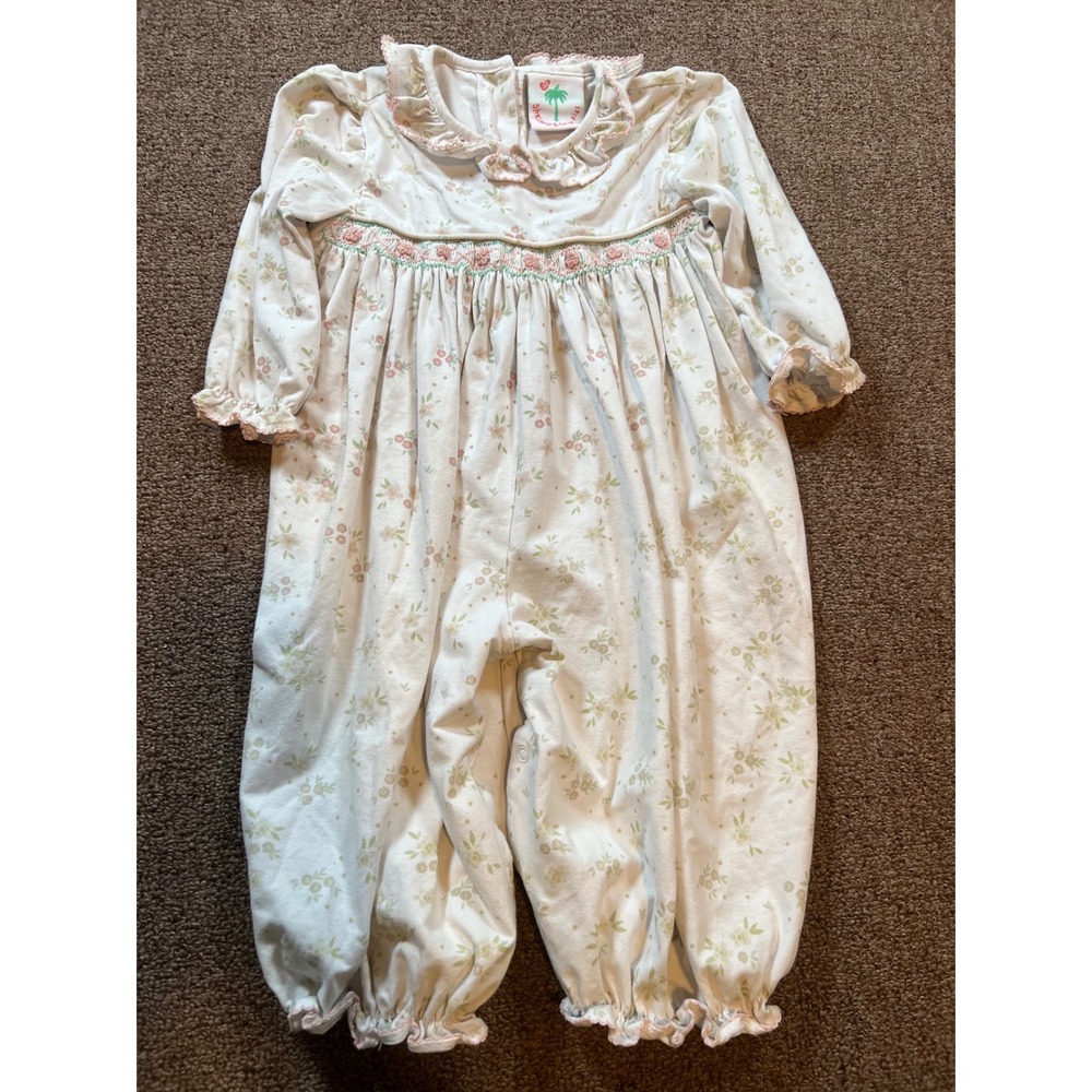 Shrimp‎ & Grits Kids Smocked Romper 3T White Pink Floral Long Sleeve Good Preown